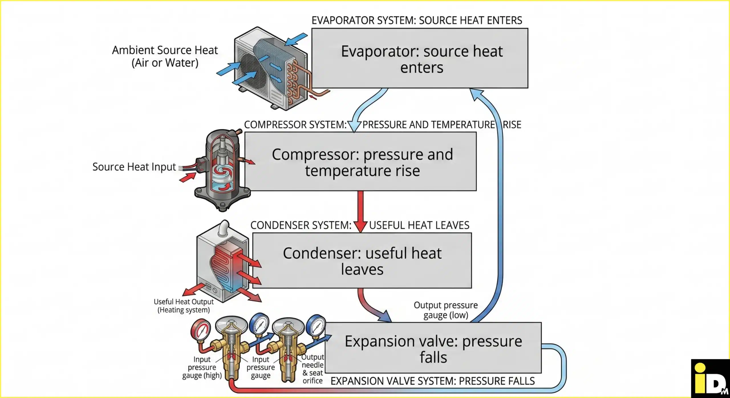 heat-pump-components Closed refrigerant loop showing source heat entering at the evaporator, compression, useful heat leaving at the condenser and pressure reduction at the expansion valve.